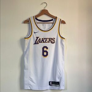 Nike LeBron James #6 White and Purple LA Lakers Jersey